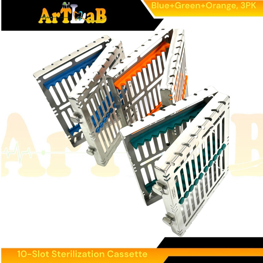 3pk Sterilization Cassettes with 10 Slots, Double-Button, Detachable, German