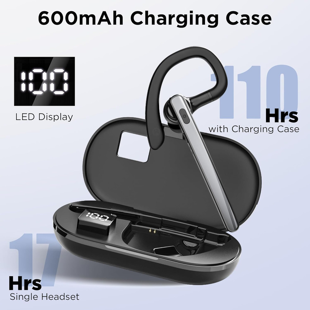 Bluetooth Headset V5.3, Wireless Bluetooth Earpiece with 600Mah Charging Case, 1