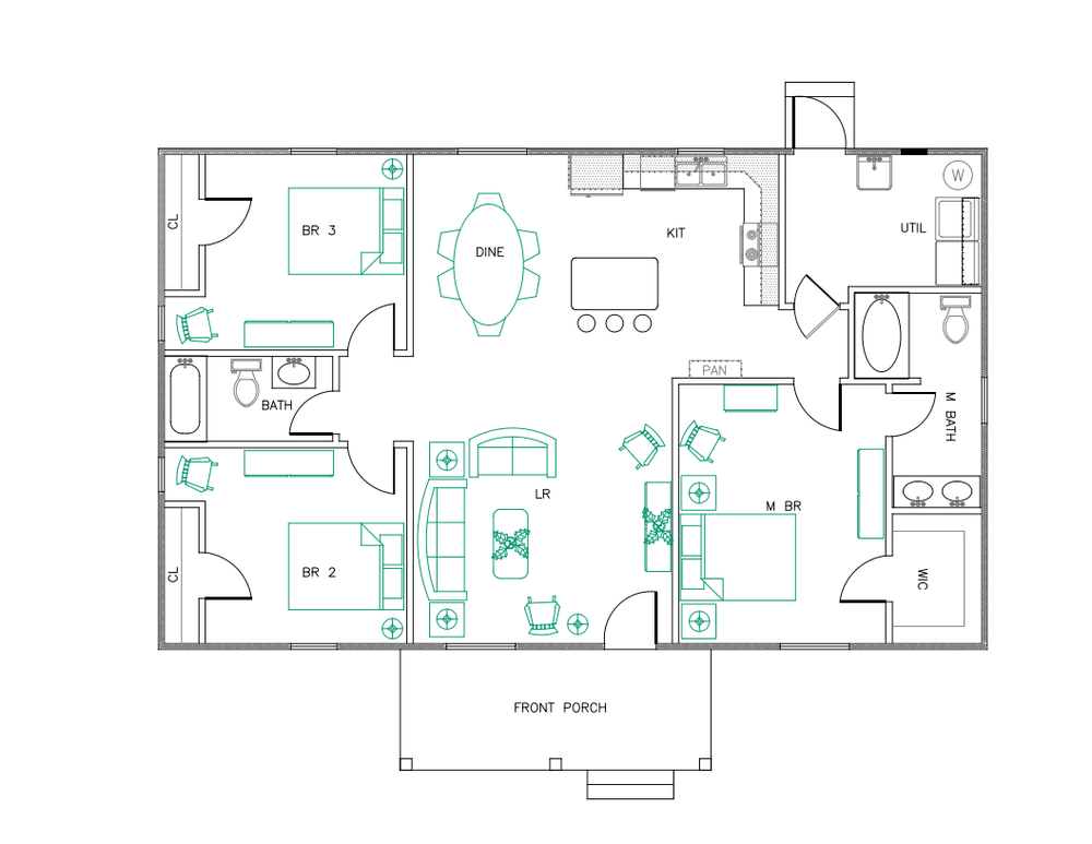 Ranch House Plans 1392 SF 3 Bed 2 Bath Open Floor - Split BR (Blueprints) #1204