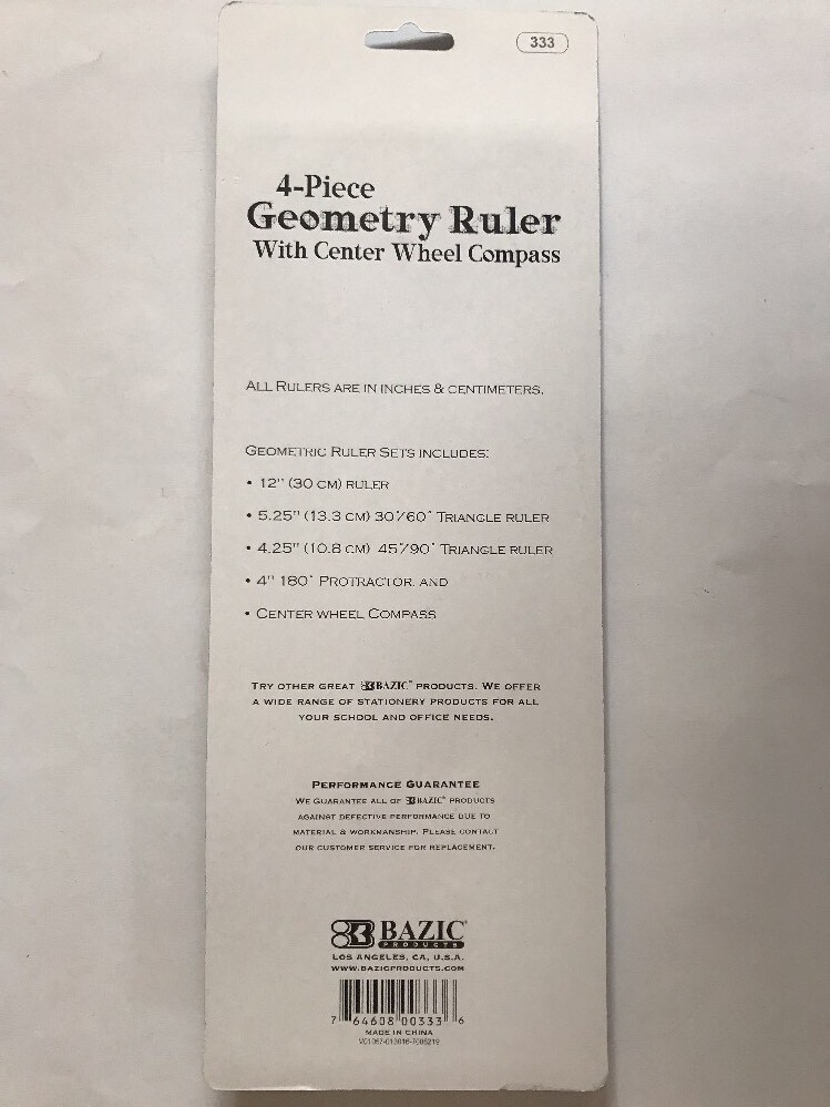 5-Piece Geometry Ruler Straight Triangle Protractor Compass Bazic New