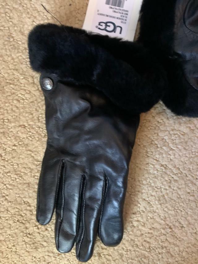 NWT  UGG Shorty Shearling Cuff Leather  Gloves SMALL BLACK