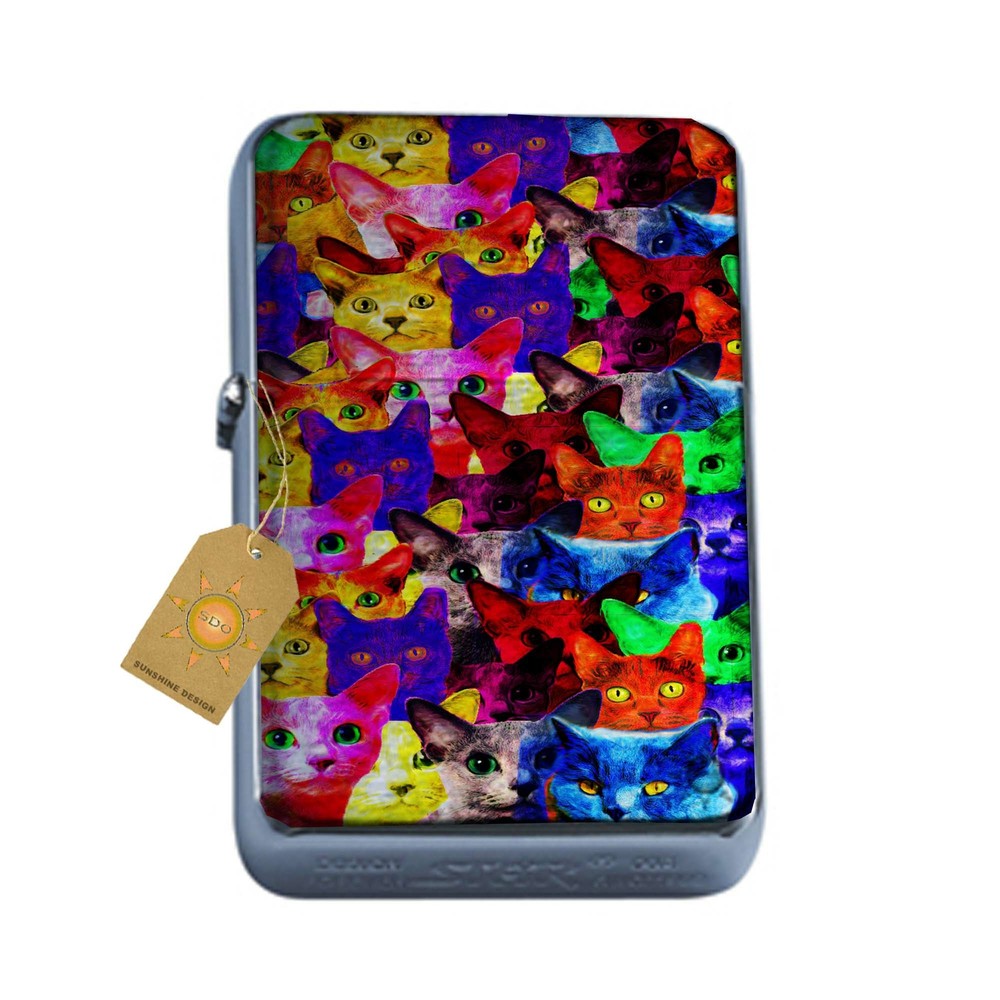 Whacky Cartoon Rainbow Kitties Pocket Lighter Silver