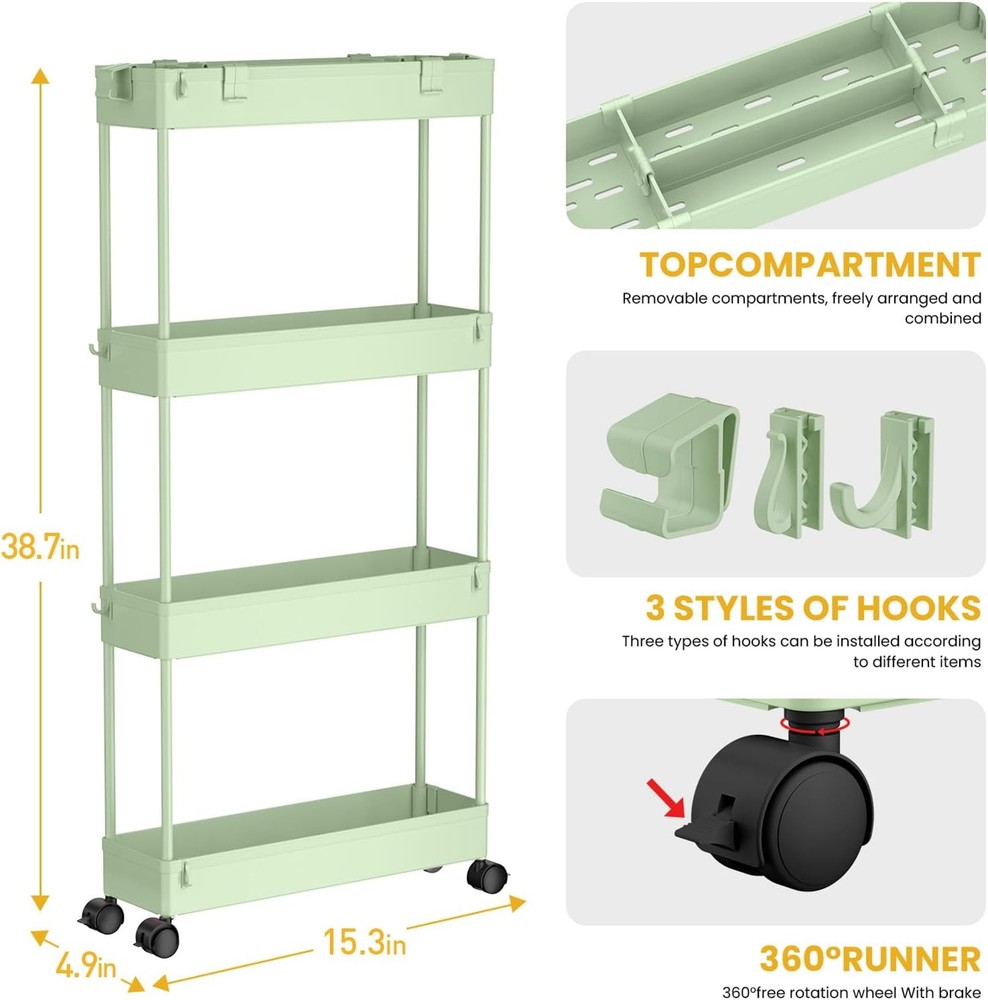 SPACELEAD Ultra-thin Four-tier Wheeled Practical Storage Rack, Green