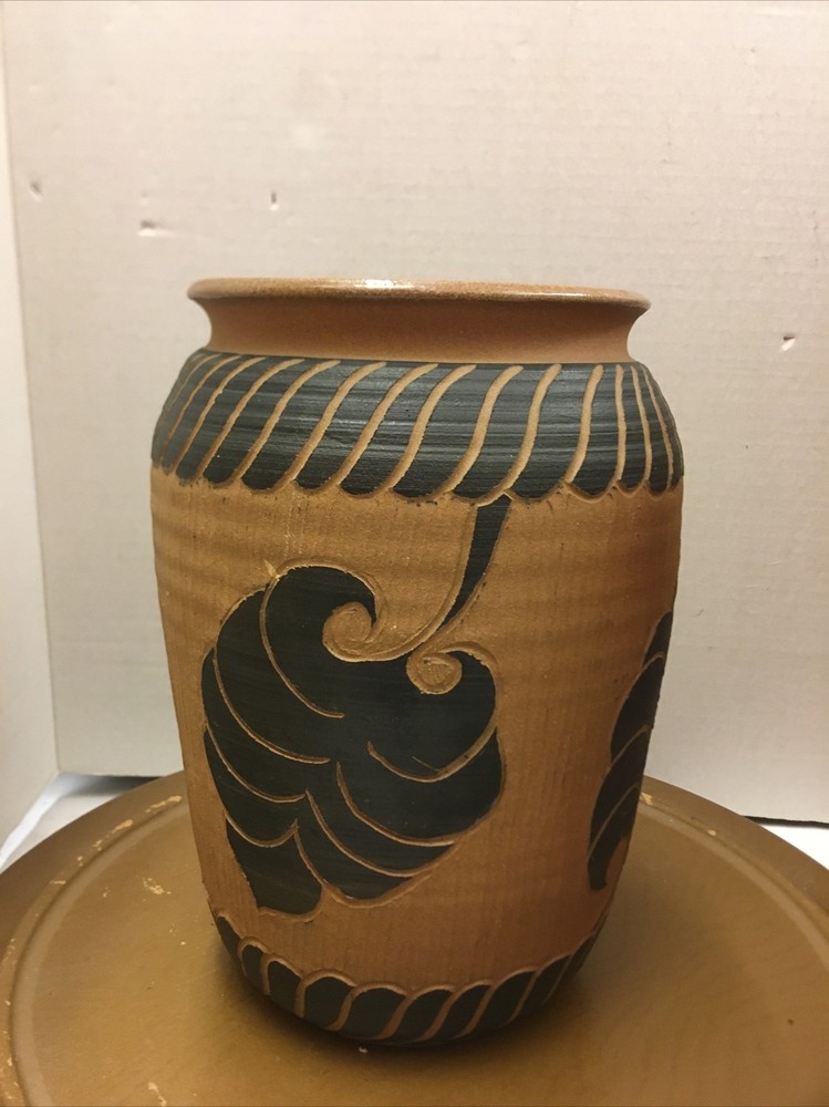 signed pottery vase leaves & design 9” see a010