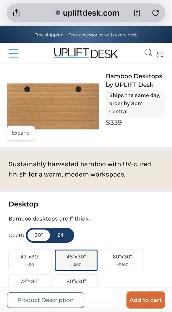 Uplift Desk Bamboo Desktop 48"x30" Rectangular With Grommets 1” Thick