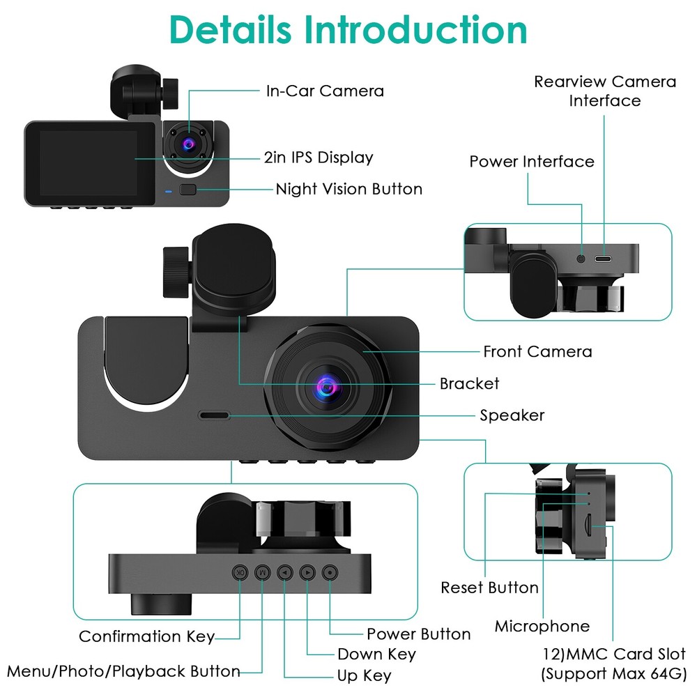 Multi-Channel Dash Cam W/ Coverage Plus 32G Card Sensor Motion Detection Parking