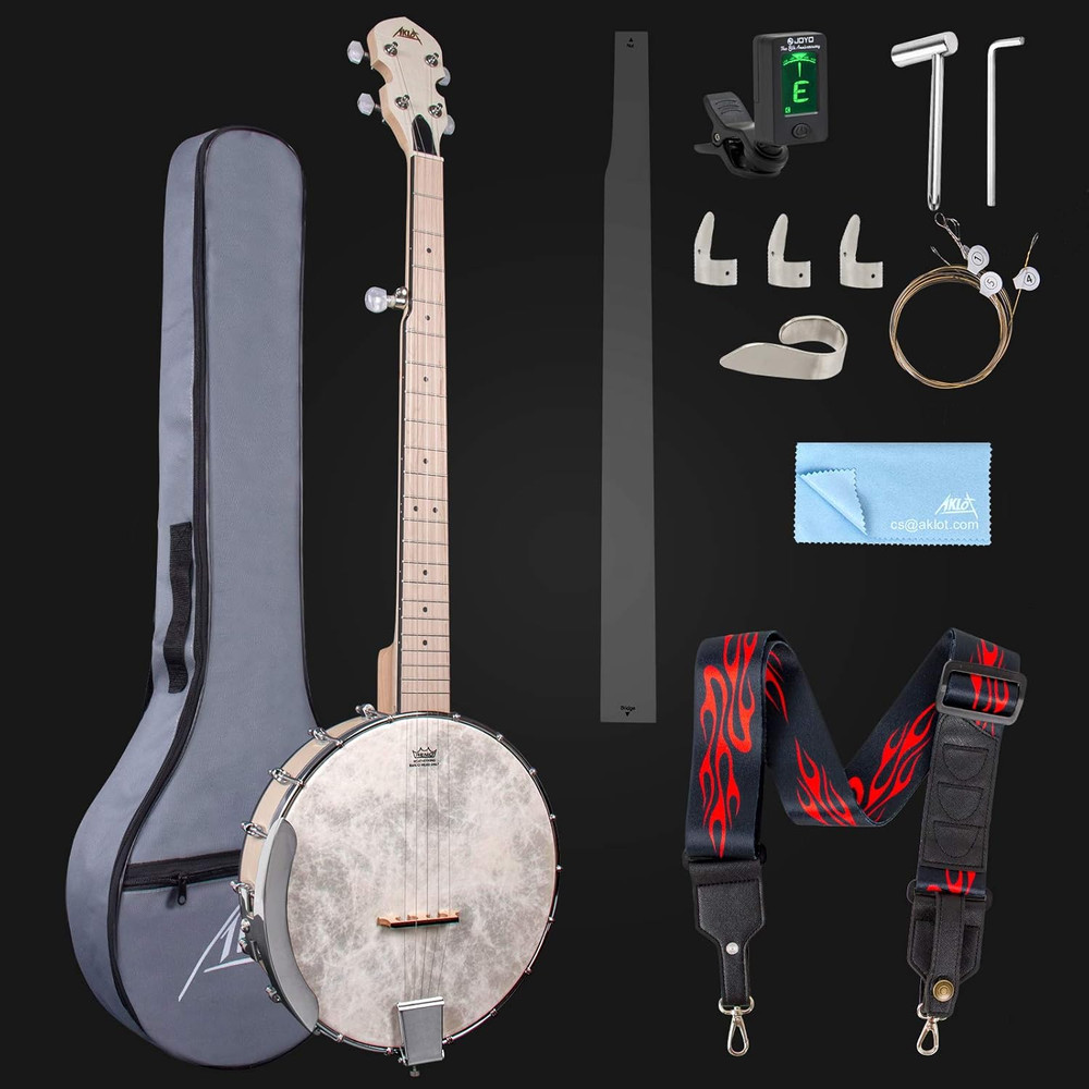Full Size 5-String Open Back Banjo with Adjustable Maple Body, Remo Head & Acces