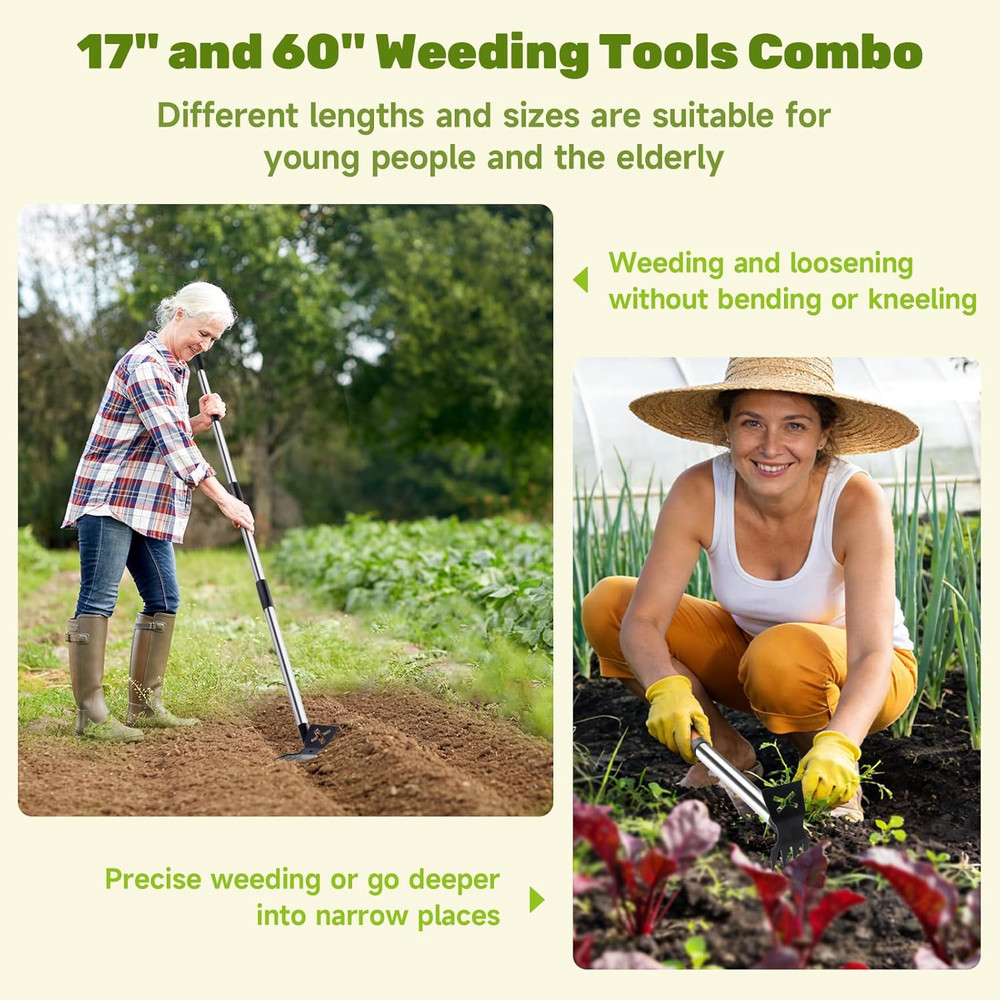 60" Weed Puller Tool with Long Handle and 17" Weeding Tools Gardening Set, Dual