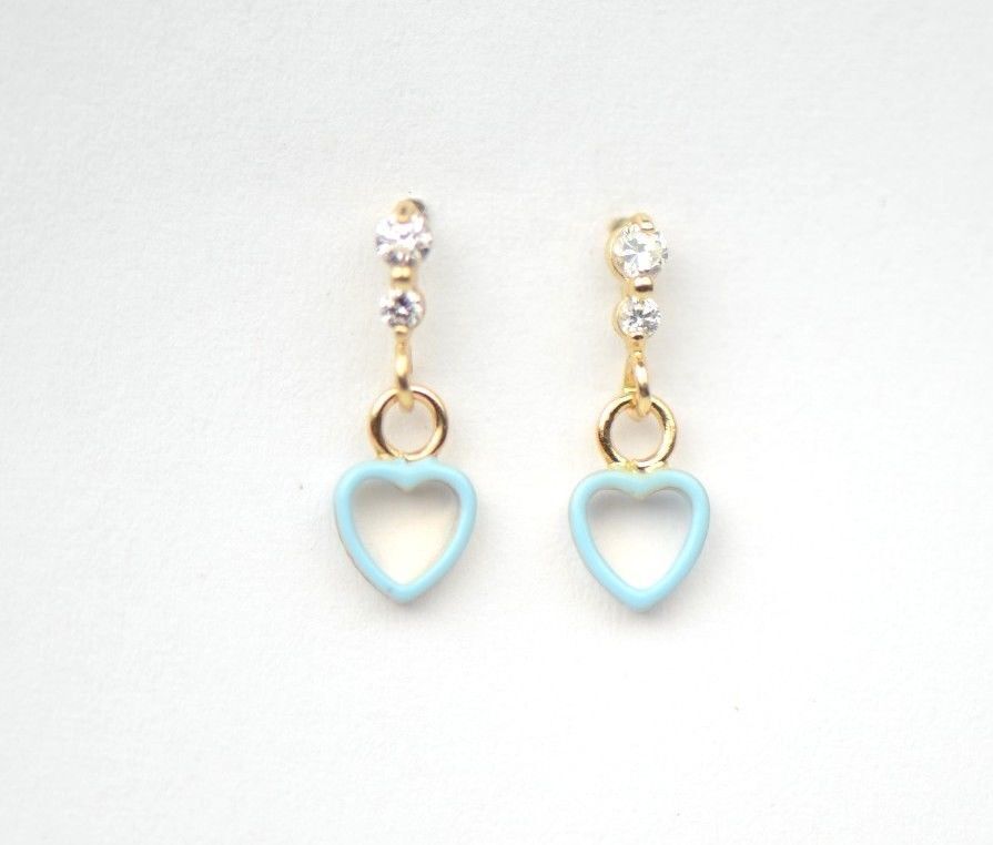 14K Solid Yellow Gold Heart Shape Dangle Earring with Enamel
