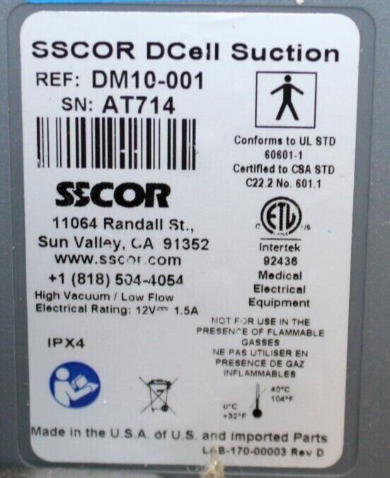 SSCOR D. Cell Portable Suction Unit, REF: DM10-001