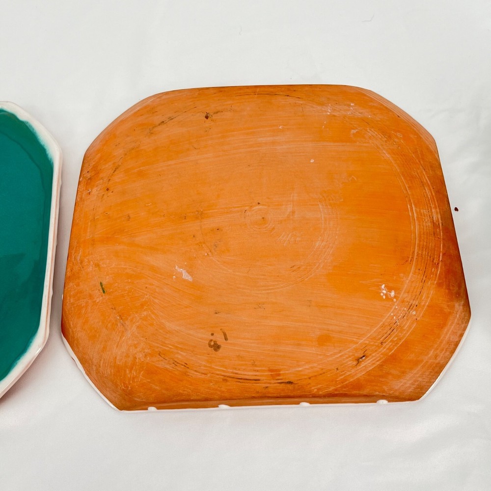 Vintage Turquoise Ceramic Dinnerware Set 6 Pieces Square Plates & Mugs