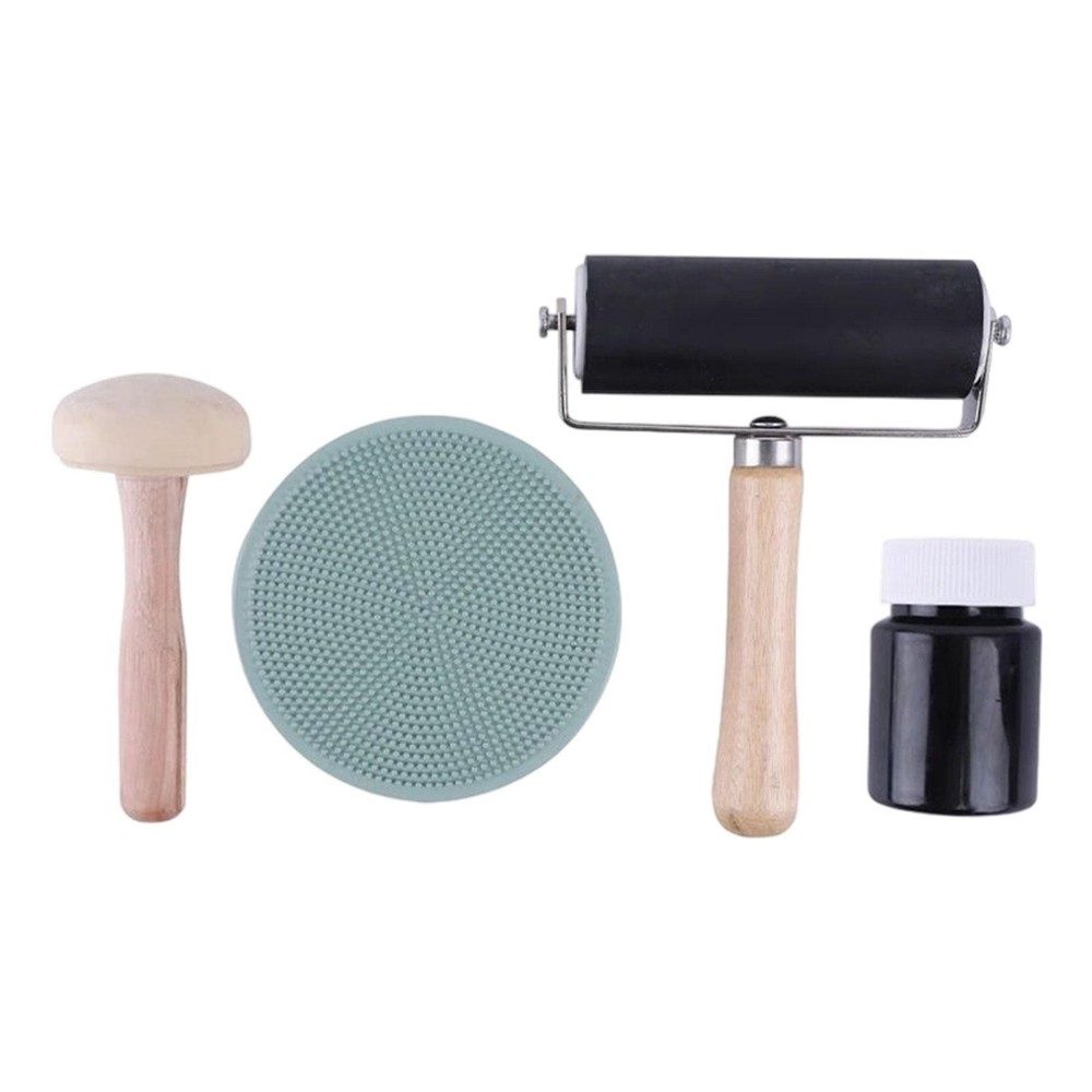Rubber Brayer Roller Printmaking Tools Handheld Includes Wooden Mushroom Art