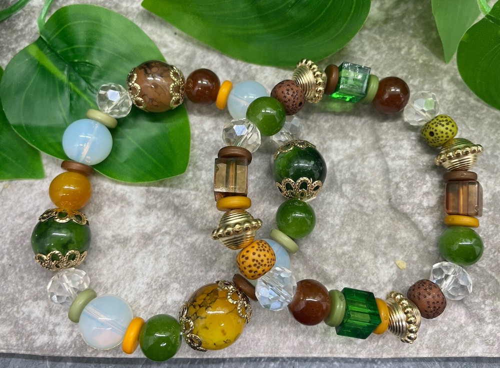 2 PC Handmade Bohemian Beaded Stackable 7” Plus Stretch Bracelet Set New B1679