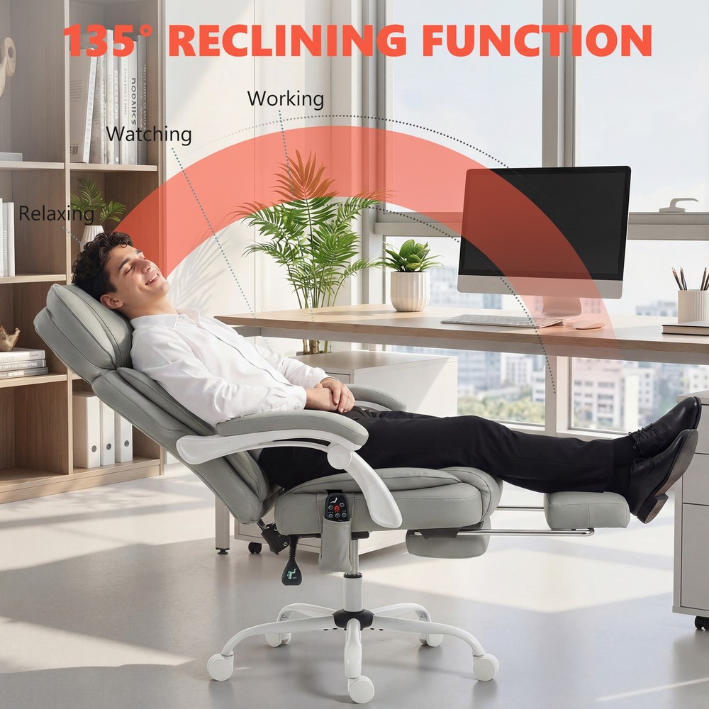 Massage Office Chair with Heat Reclining Function, Light Gray