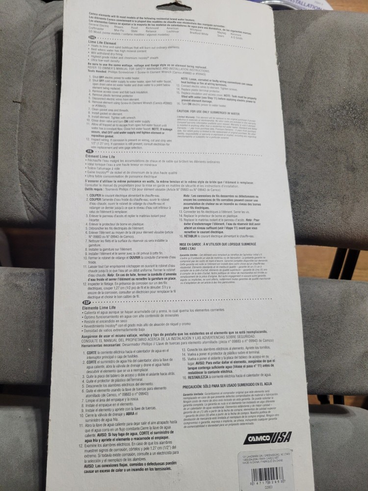 NEW Camco MFG 02953 Screw In Water Heater Lime Life Ripple Element 4500W 6442149