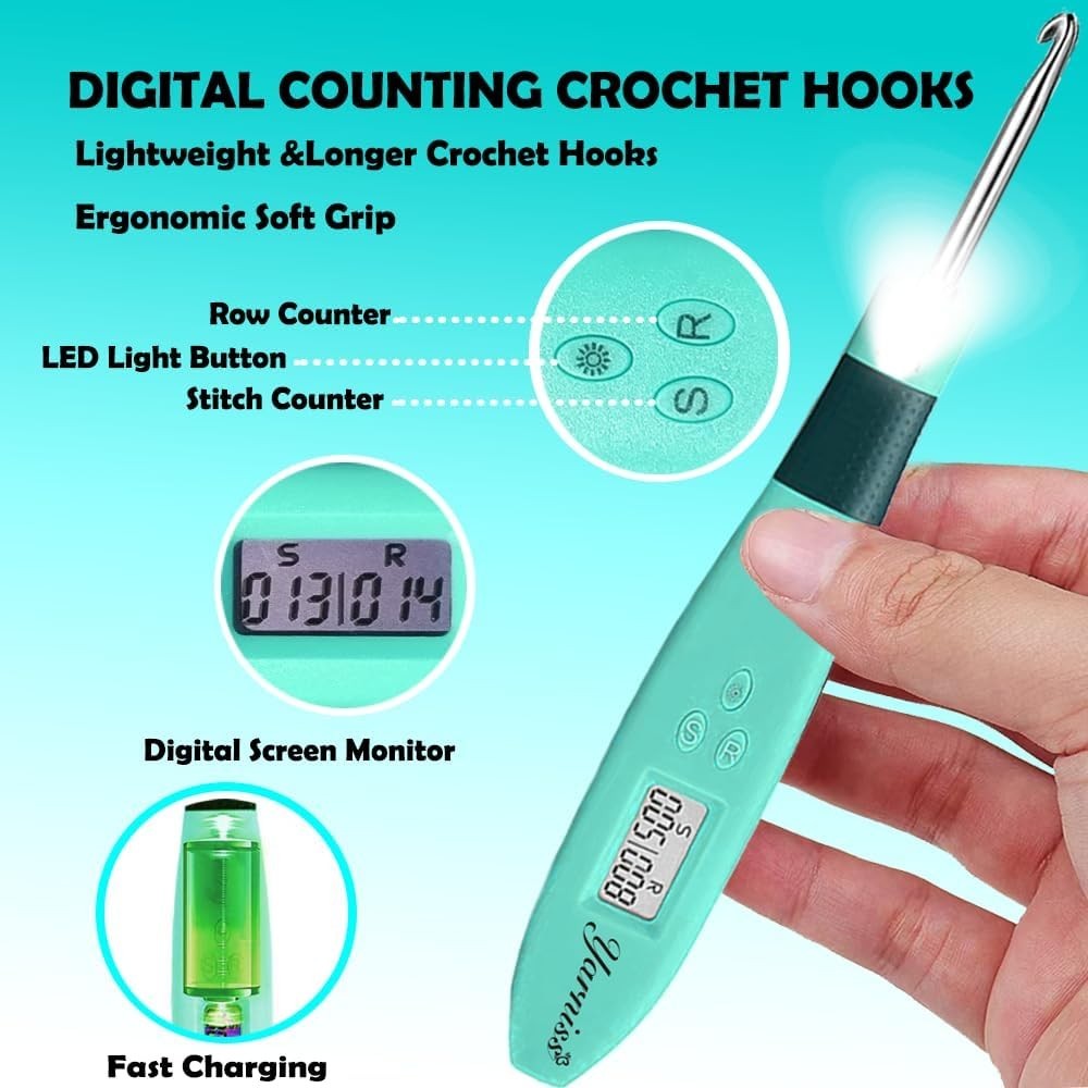 Complete 18-Piece Digital Counter Crochet Hook Set - Lighted & Interchangeable
