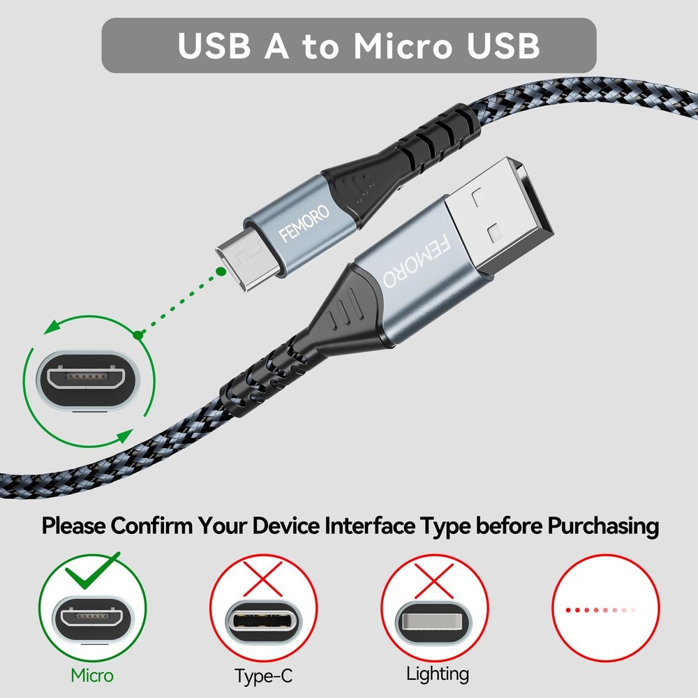 FEMORO Micro USB Cable 20 Ft, PS4 Controller Charging Cable, 20 Feet, Grey