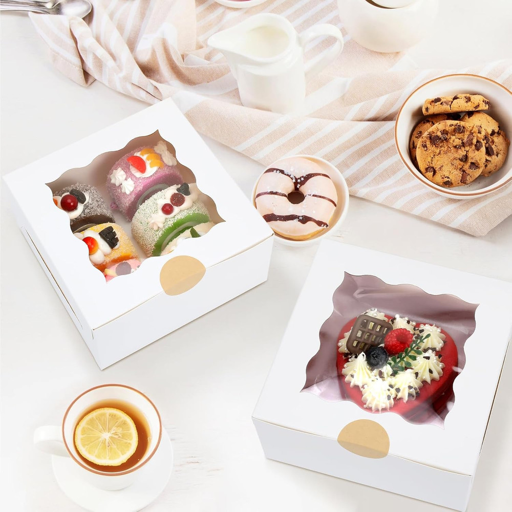 60 Pcs Bakery Boxes With Window 6"x6"x3" White Cookie Pastry Packaging