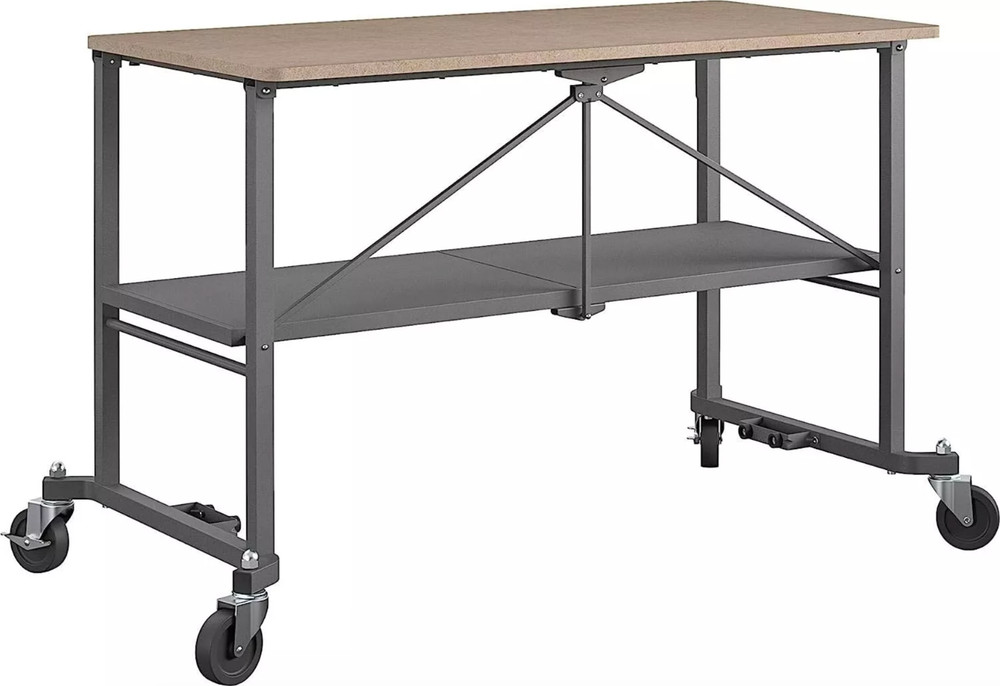 Folding Workbench Work Table w/ Wheels Bottom Shelf Storage for Workshop Garage