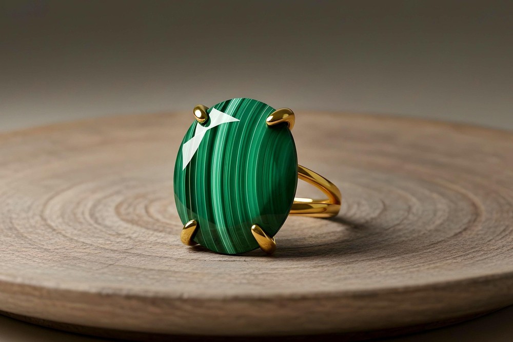 Malachite Gemstone Ring Anemone Sterling Silver Oval Large Stone Engraved