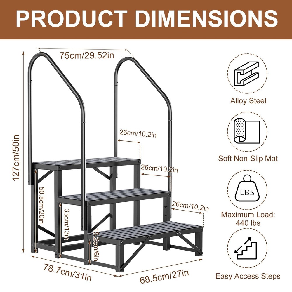 3 Steps RV Steps Outdoor Stairs w/ Handrails, Non-Slip 440lbs