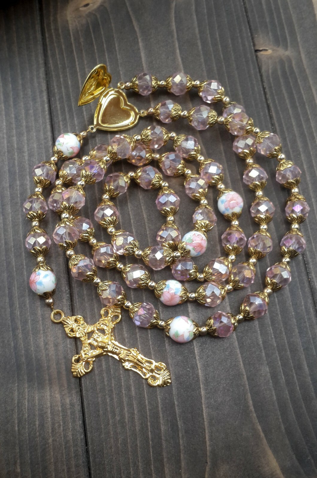 Pink Crystallized Beads Gold Rosary Catholic Holy Mary Locket Medal & Crucifix