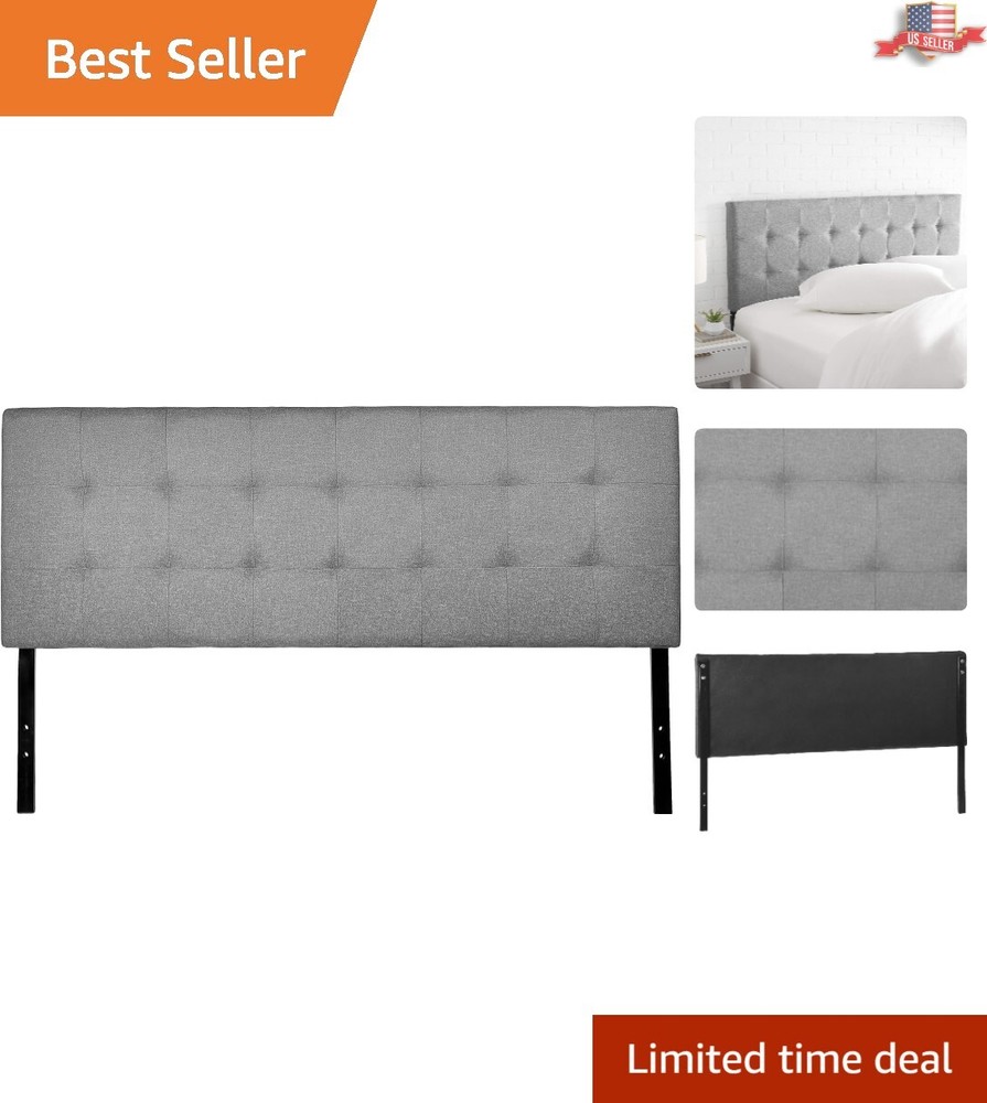 Sleek King Size Tufted Headboard in Gray Linen Polyester - Adjustable Height