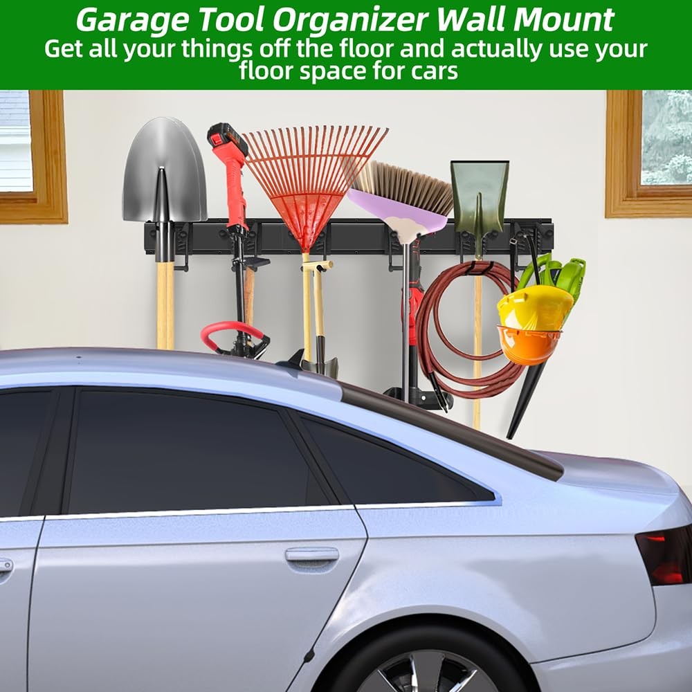 PIYILO Garage Tool Organizer Wall Mount 48 inch Double-Layer 6-Hook, Black