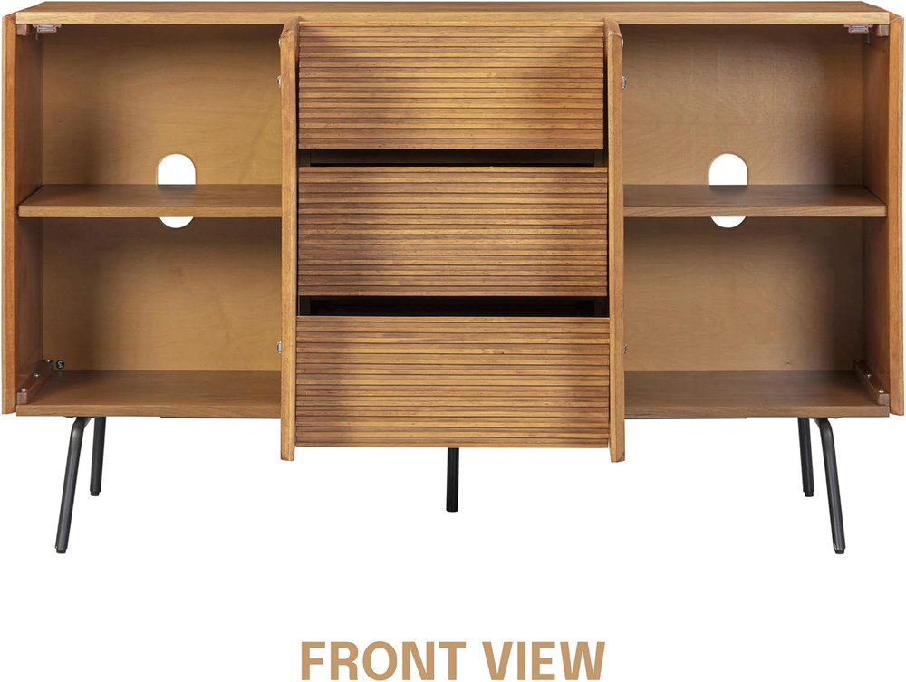 Modern MOSSIC Sideboard with Rattan Doors & Drawers, Easy Assembly, Teak Look