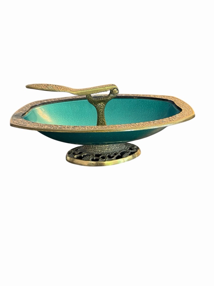 Vintage Brass Nut Bowl Nutcracker Handle Teal Enamel Made Israel MCM