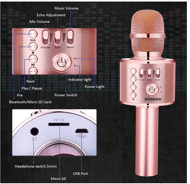 BONAOK Bluetooth Karaoke Wireless Microphone,3-in-1 Portable Handheld Speaker