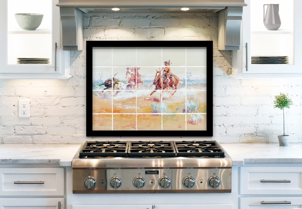 ceramic tile mural backsplash. Charles Russell Mexican Vaqueros Roping a Steer