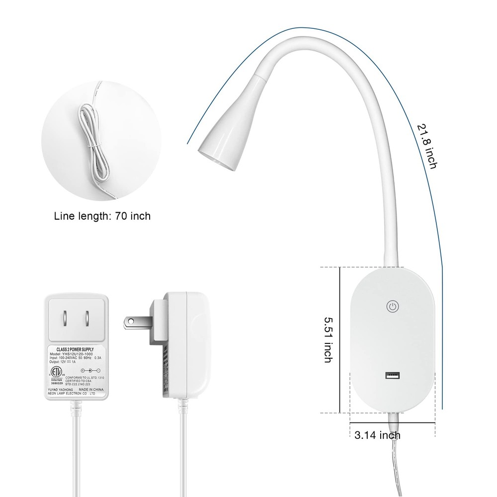 Wall Reading Light for Books in Bed USB Output 5 Dimmable Touch Control