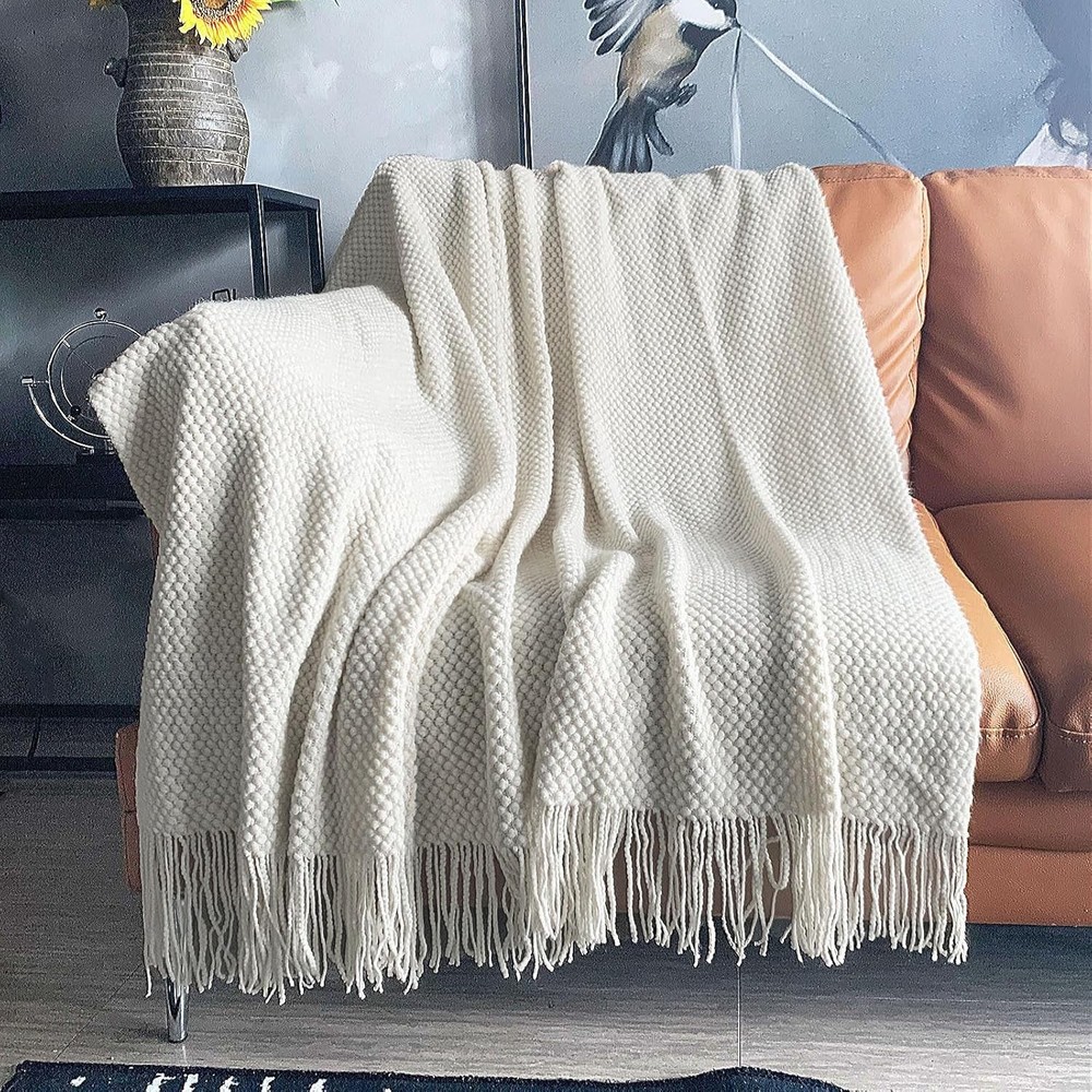 Knitted Throw Blanket W/ Tassels Bubble Textured Lightweight Throws Couch Cover