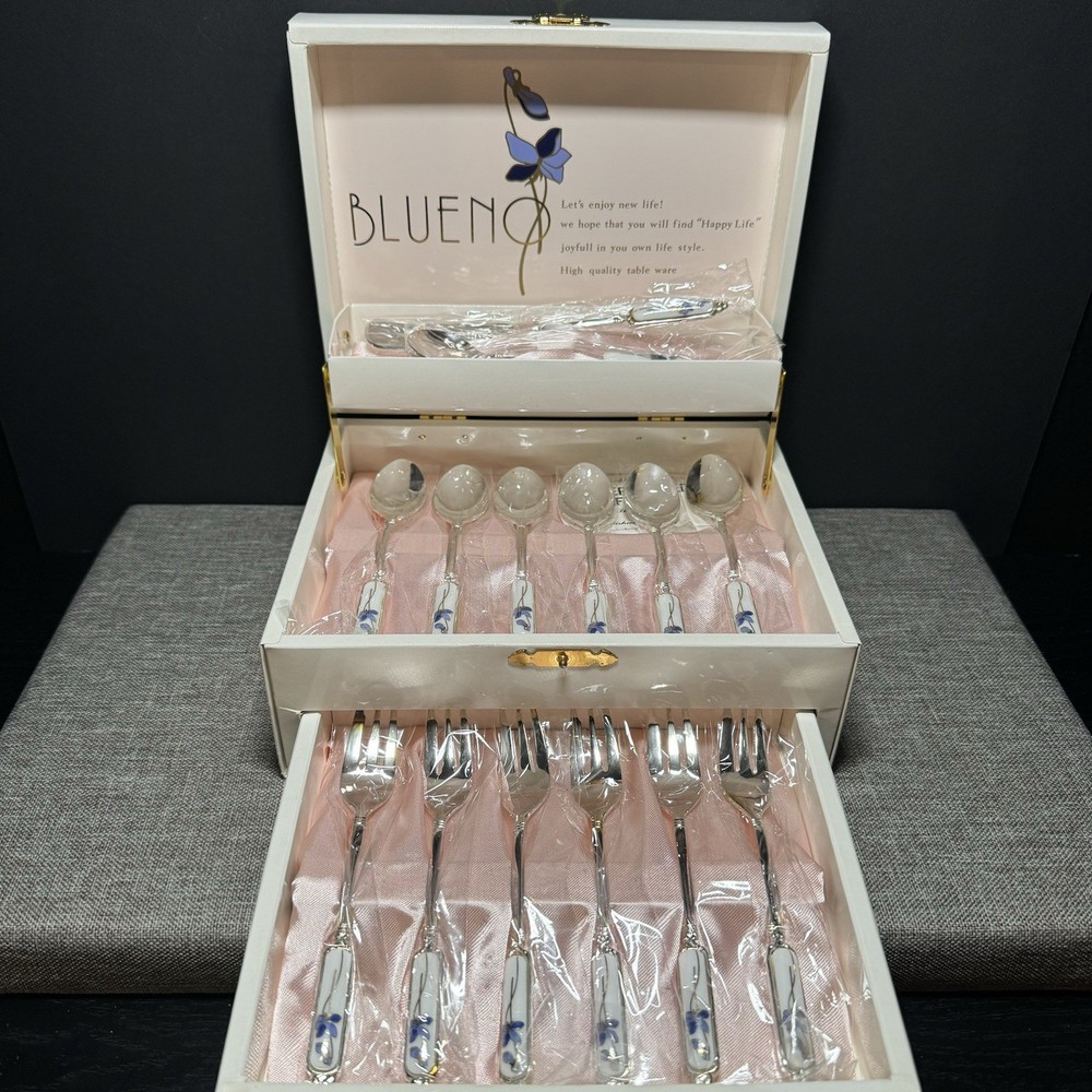 Silver Plated Flatware Set w/ Porcelain Floral Handles Gift Box Blueno