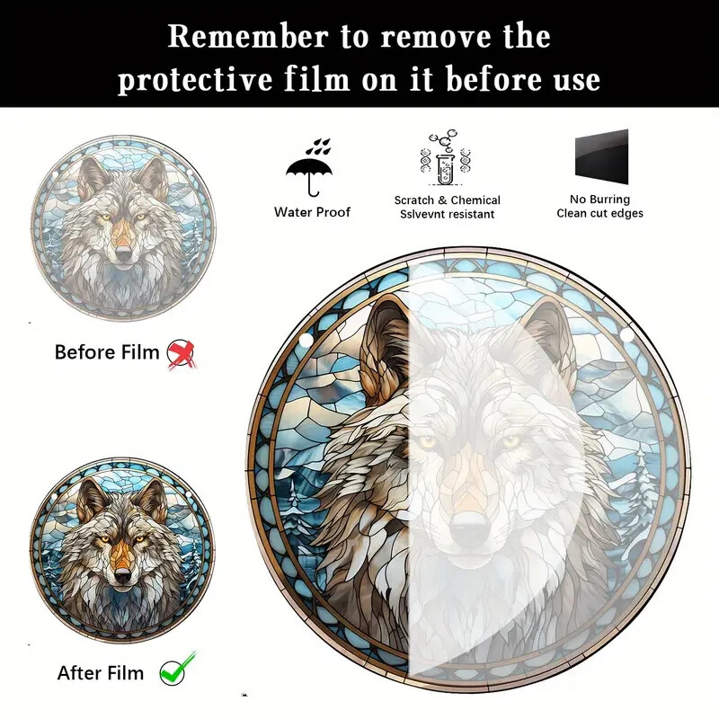 Tiled Effect Wolf Face Suncatcher Double Sided Round Dyed Acrylic Decor