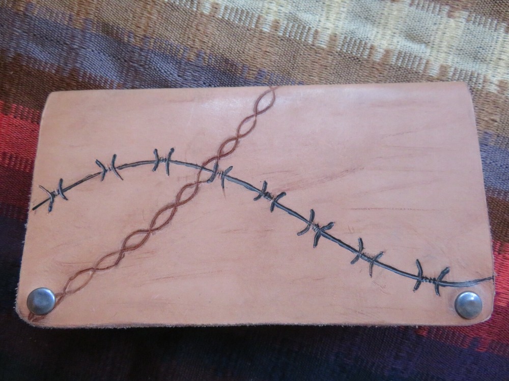  new handcrafted leather checkbook with barbwire engraving, hobby arts