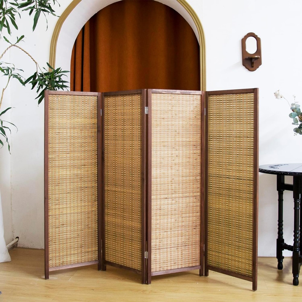 4 Panel Short Panel Divider Screen,3.95 FT Tall Bamboo Room Divider Folding