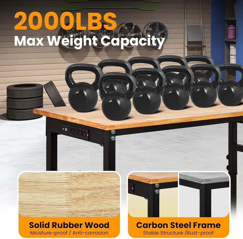 60'' Adjustable Workbench with Power Outlet Heavy Duty Work Table for Workshop
