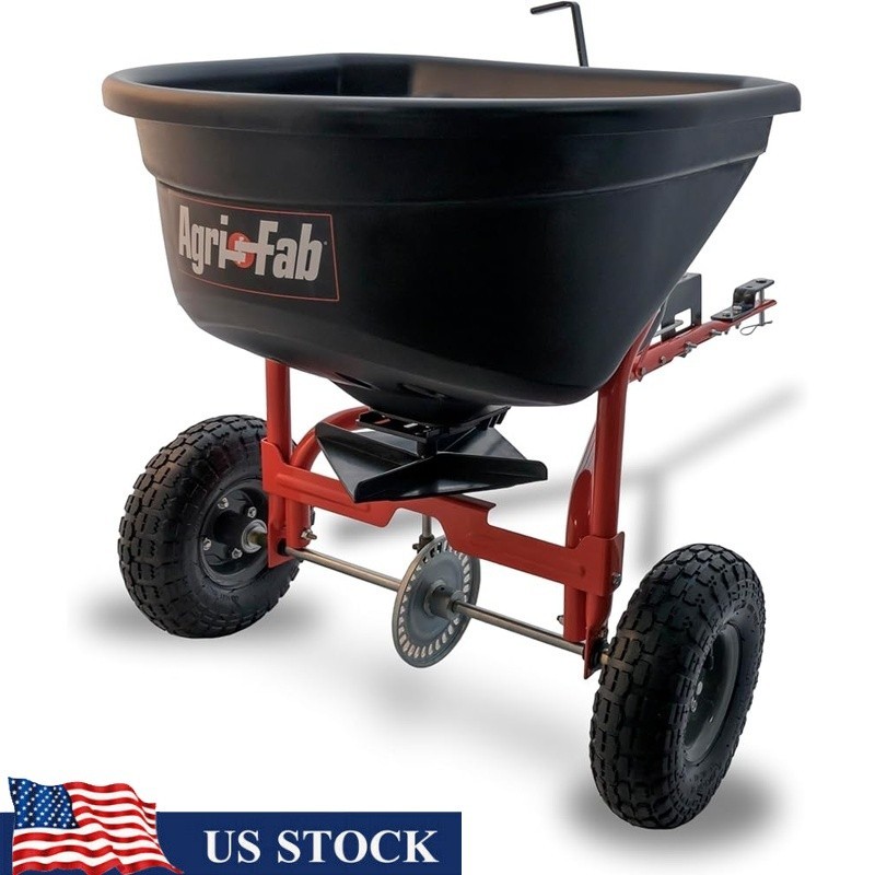 110lb Tow Broadcast Spreader Rustproof Hopper Pneumatic Tires 10ft Spread Width