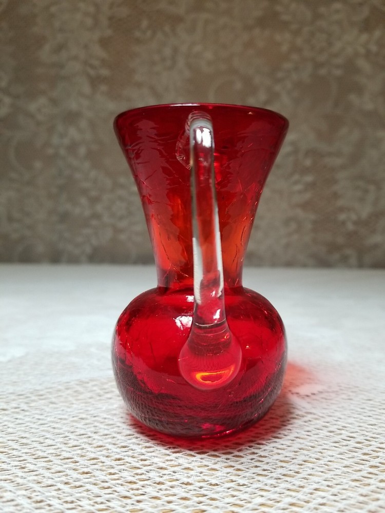 Crackle Glass Red Hand Blown 3.75" Pitcher
