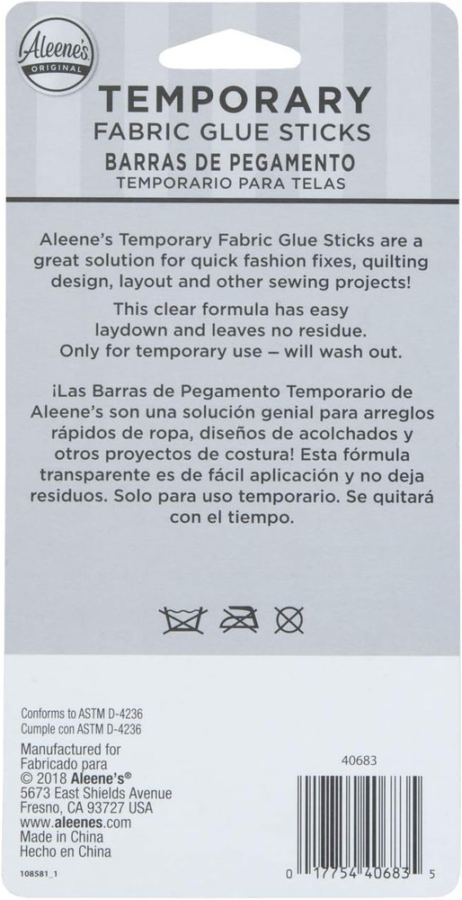 No-Sew Temporary Fabric Glue Sticks, .28Oz 2-Pack