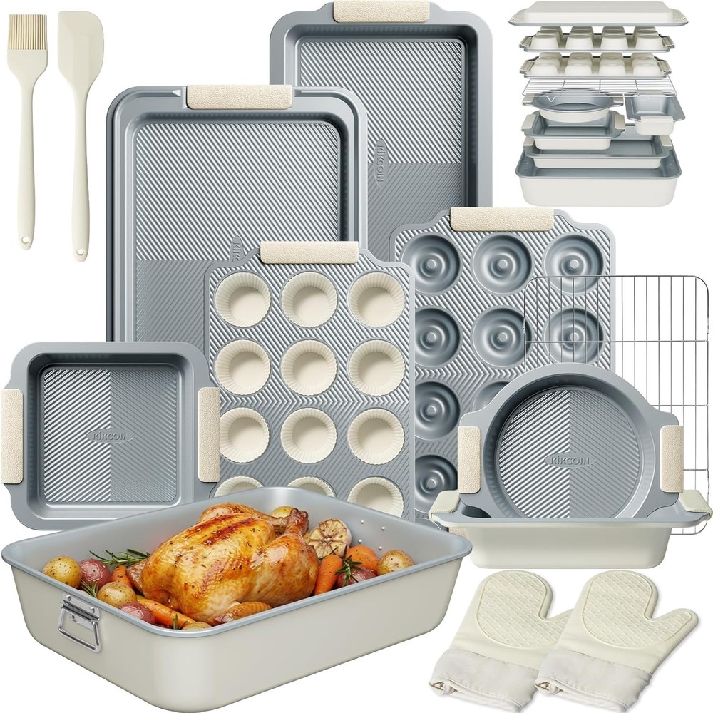 25 PCS Stackable Baking Pans Set Non-stick Bakeware Sets W/ Silicone Handles