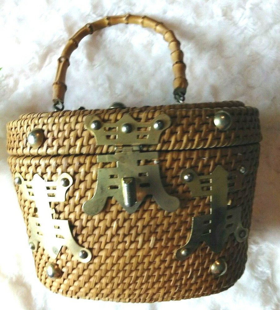 Brown Wicker Basket Handbag Purse Brass