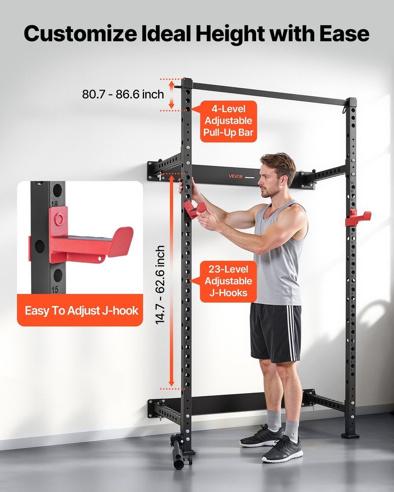Adjustable Folding Power Rack: 1000lb, J-Hooks, Pull-Up Bar, Landmine Kit