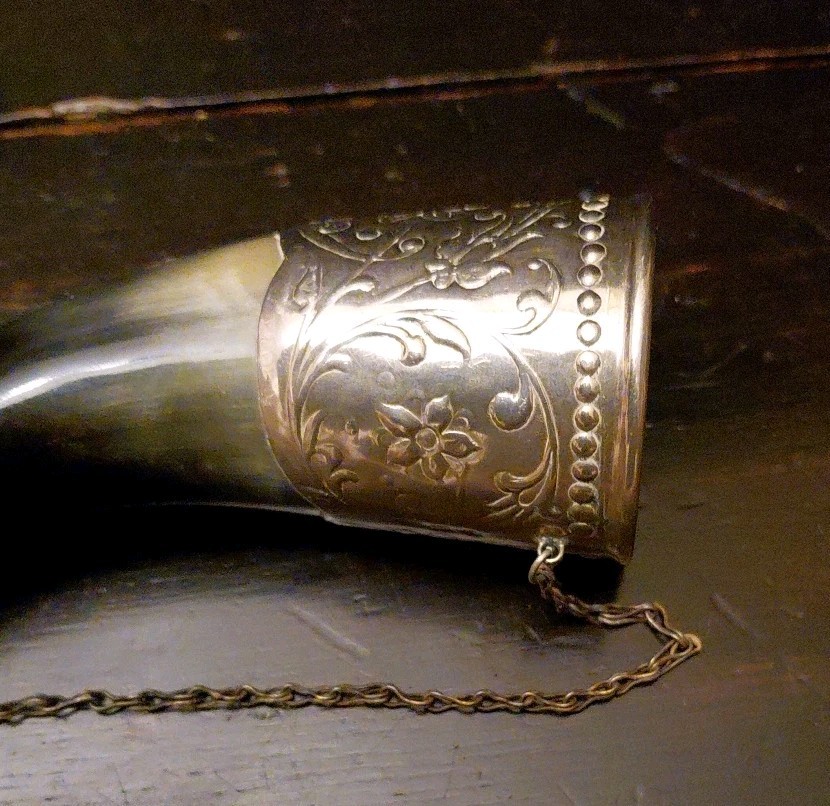 Soviet White Metal Decorated Drinking Cow Horns 21 Cms