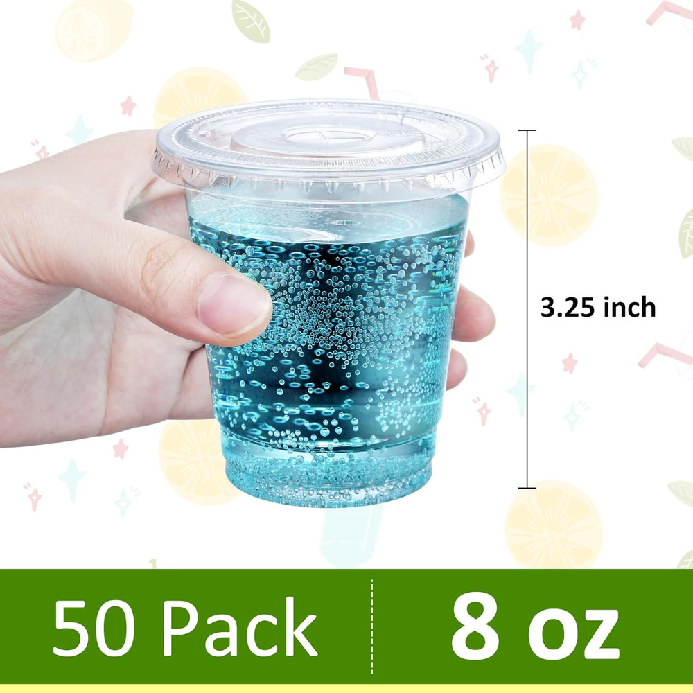 8 Oz Plastic Cups with Lids, Clear Disposable Cups with Flat Lids, Cold Drink Co