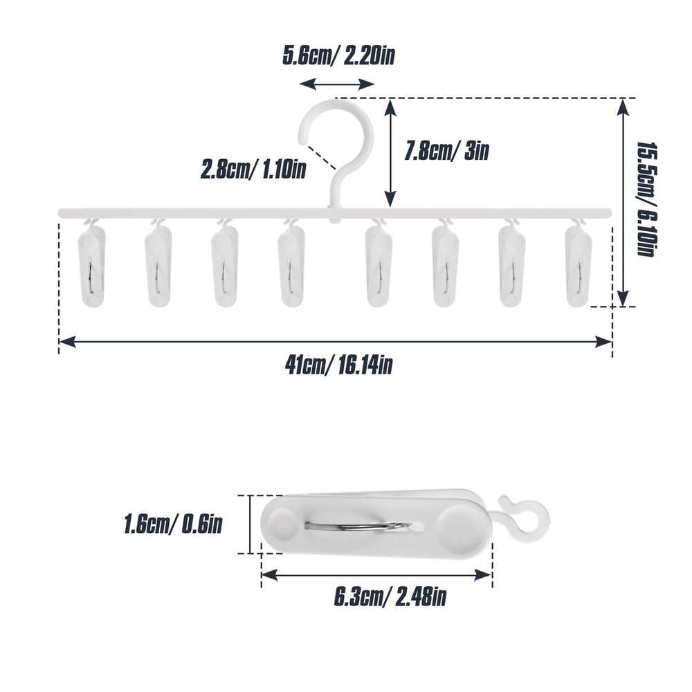 2-Pack Hanging Sock Drying Rack, White Clothes Hanger with 8 Hooks, Windproof...