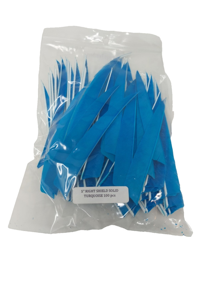 100pk Bullseye Archery Feathers 5" Right Wing: Shield Solid Turquoise Blue