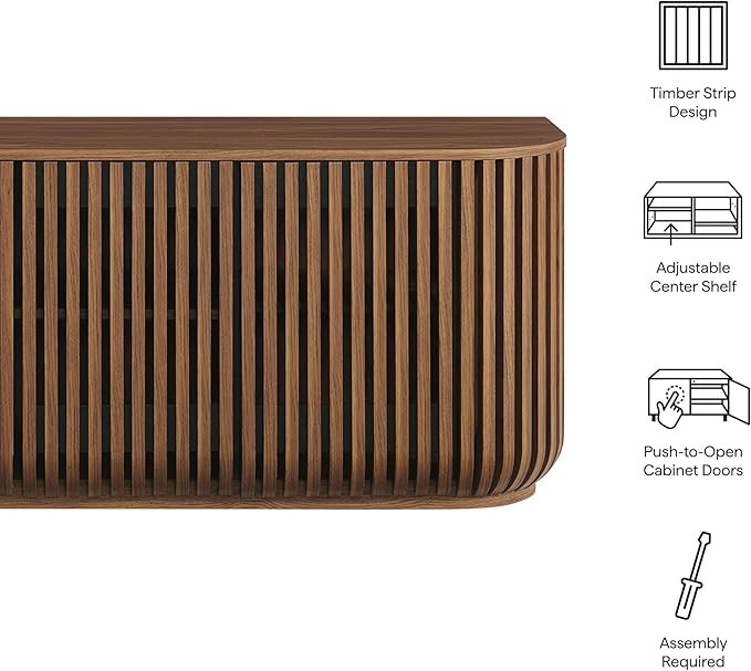 Modway Fortitude 75" Fluted Curved Sideboard Buffet with 4 Doors, Walnut